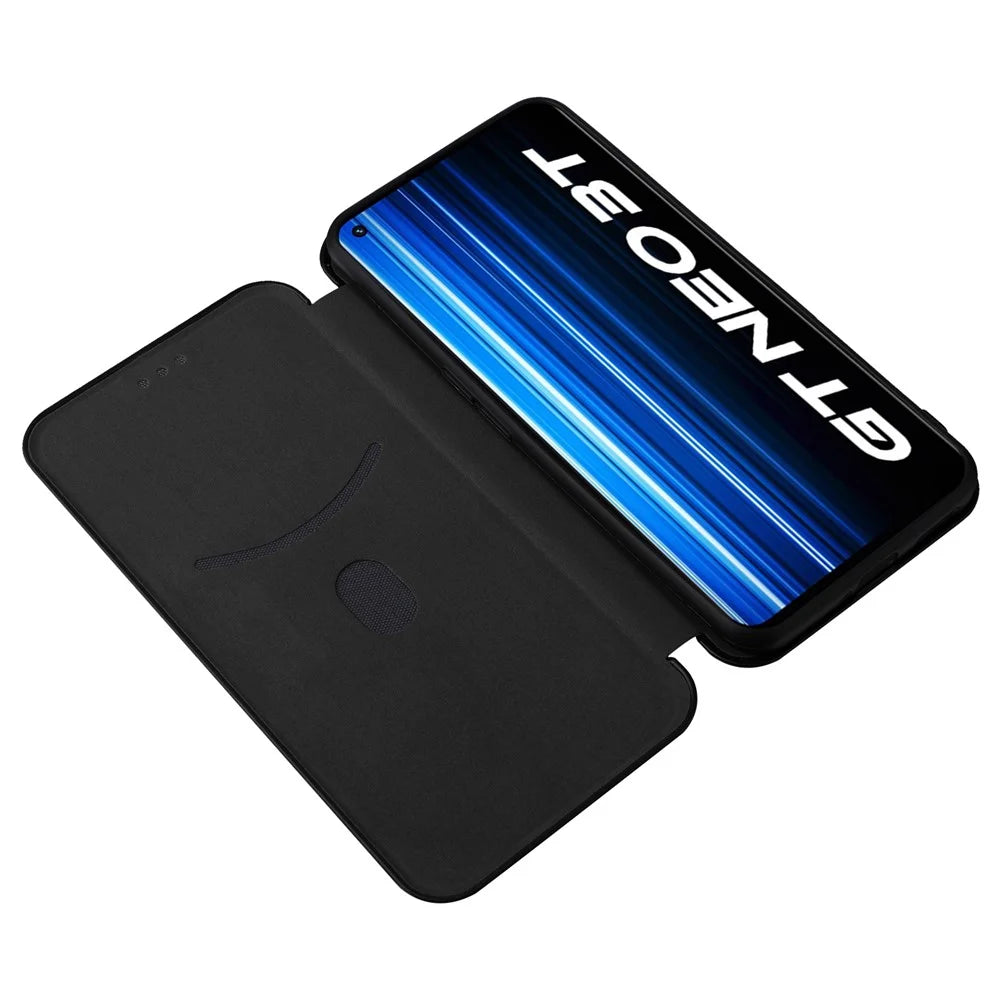 Magnetic Auto-absorbed Phone Case for Realme GT Neo 3T 5G / Realme GT Neo2 5G, Carbon Fiber Texture PU Leather Card Slot Stand Flip Cover - Black - 2