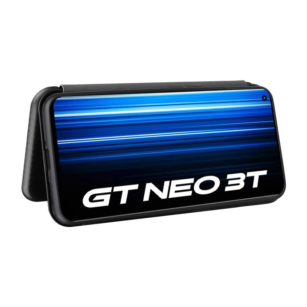 Magnetic Auto-absorbed Phone Case for Realme GT Neo 3T 5G / Realme GT Neo2 5G, Carbon Fiber Texture PU Leather Card Slot Stand Flip Cover - Black - 3