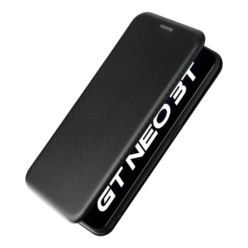Magnetic Auto-absorbed Phone Case for Realme GT Neo 3T 5G / Realme GT Neo2 5G, Carbon Fiber Texture PU Leather Card Slot Stand Flip Cover - Black - 6