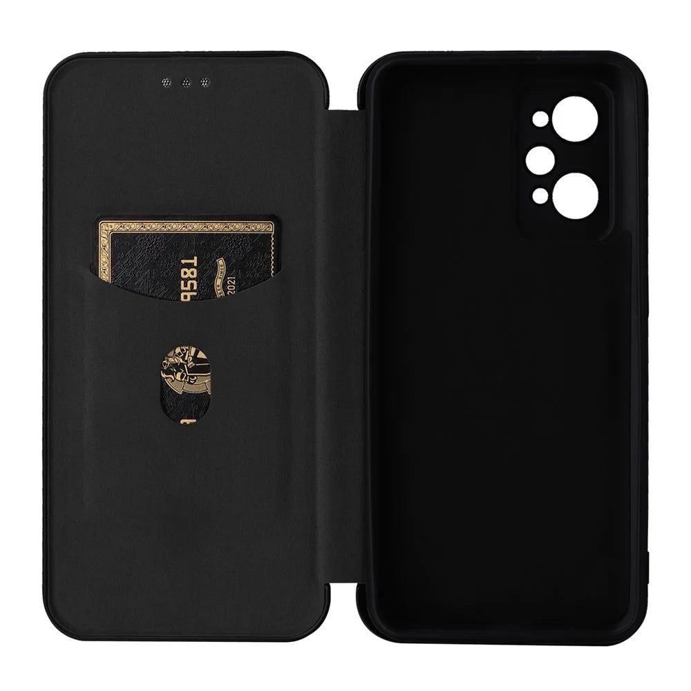 Magnetic Auto-absorbed Phone Case for Realme GT Neo 3T 5G / Realme GT Neo2 5G, Carbon Fiber Texture PU Leather Card Slot Stand Flip Cover - Black - 7