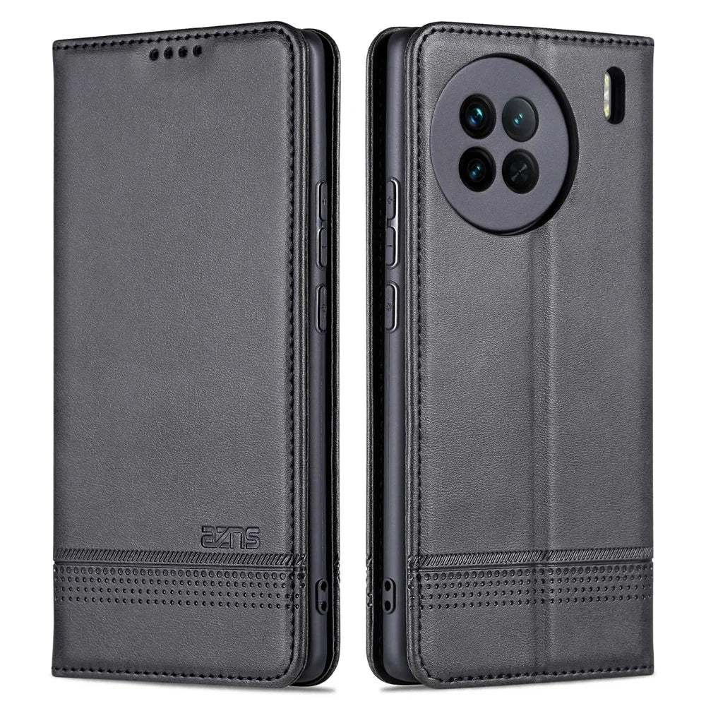 AZNS For vivo X90 5G Cowhide Texture PU Leather Wallet Full Protection Phone Case Stand Magnetic Auto Closure Flip Phone Cover - Black - 1