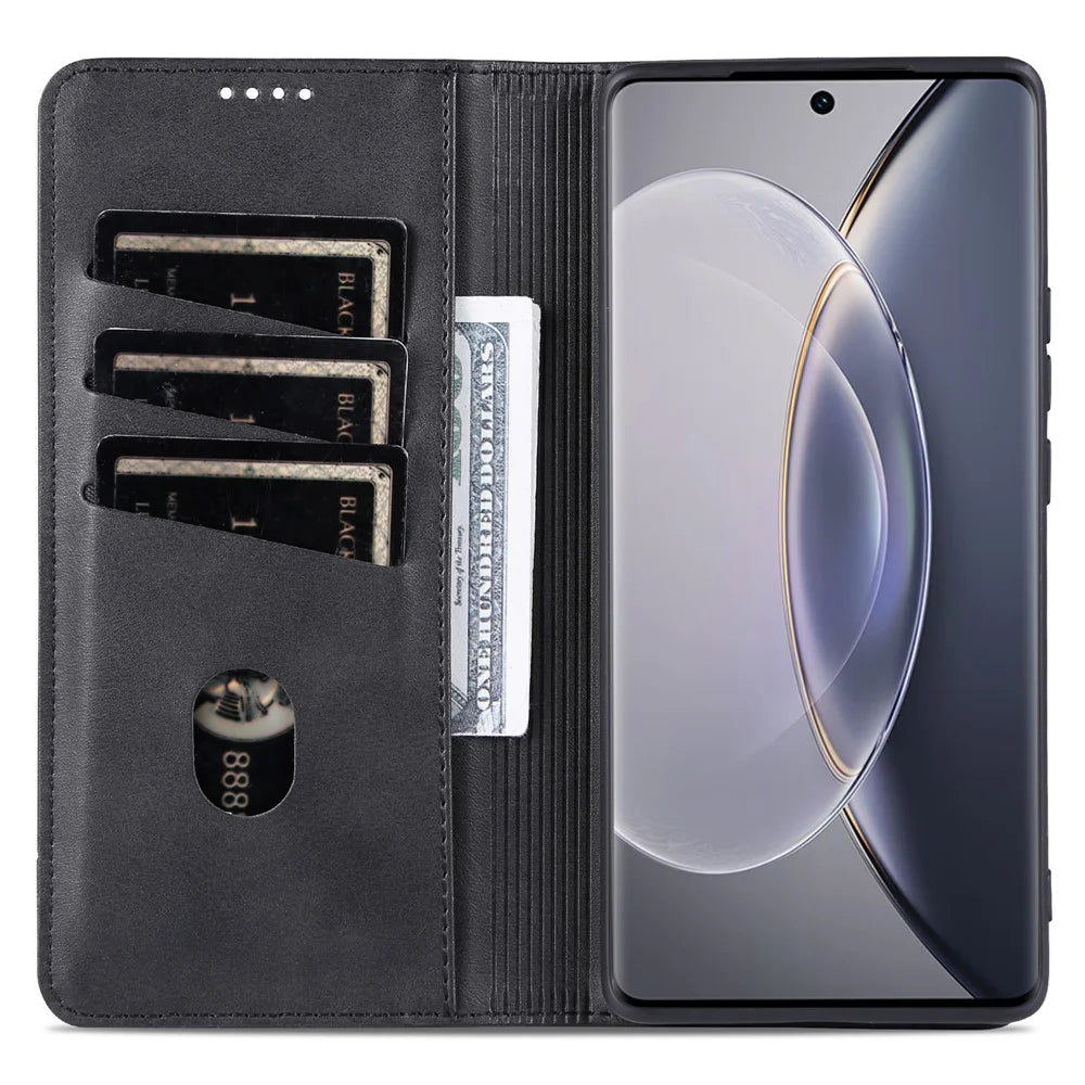 AZNS For vivo X90 5G Cowhide Texture PU Leather Wallet Full Protection Phone Case Stand Magnetic Auto Closure Flip Phone Cover - Black - 3