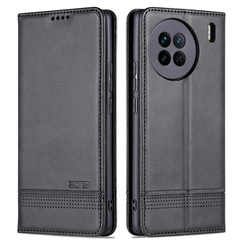 AZNS For vivo X90 Pro 5G Cowhide Texture Phone Case Stand Wallet PU Leather Magnetic Auto-absorbed Scratch-resistant Folio Flip Phone Cover - Black - 1