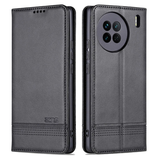 AZNS For vivo X90 Pro 5G Cowhide Texture Phone Case Stand Wallet PU Leather Magnetic Auto-absorbed Scratch-resistant Folio Flip Phone Cover - Black - 1