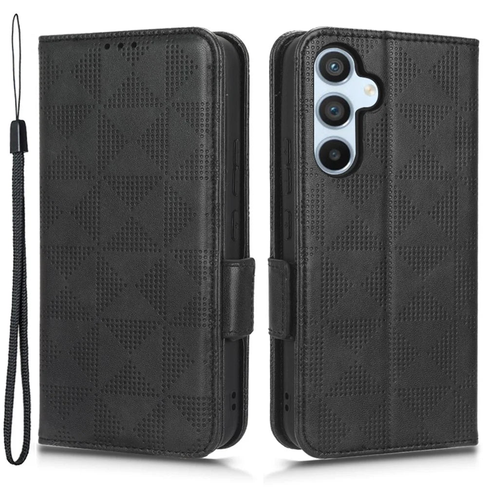 For Samsung Galaxy A54 5G Anti-Drop PU Leather Wallet Protective Phone Case Imprinted Triangle Pattern Stand Cover with Wrist Strap - Black - 1