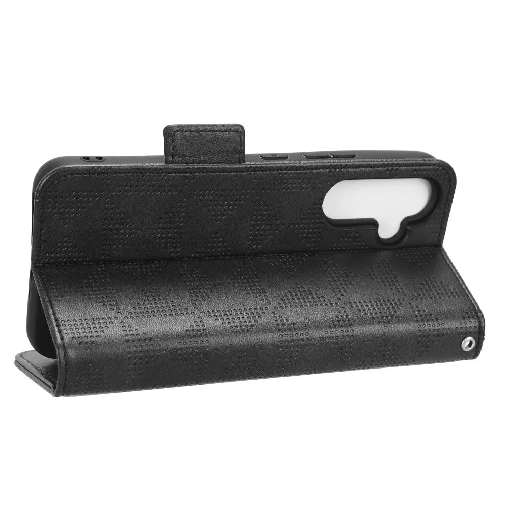 For Samsung Galaxy A54 5G Anti-Drop PU Leather Wallet Protective Phone Case Imprinted Triangle Pattern Stand Cover with Wrist Strap - Black - 3