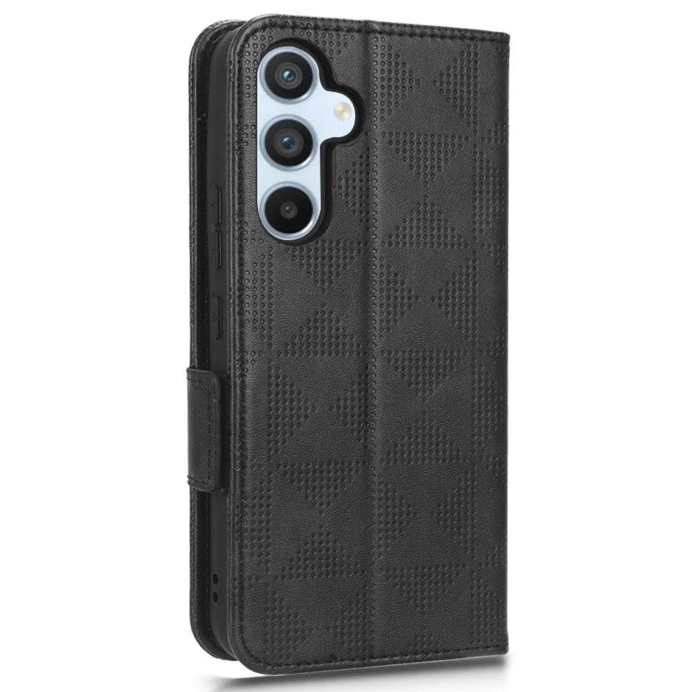 For Samsung Galaxy A54 5G Anti-Drop PU Leather Wallet Protective Phone Case Imprinted Triangle Pattern Stand Cover with Wrist Strap - Black - 6
