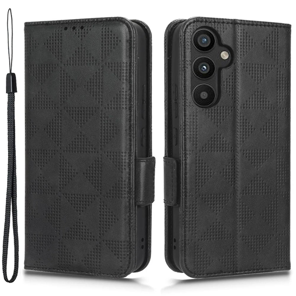 For Samsung Galaxy A34 5G Imprinted Triangle Pattern Phone Cover PU Leather Wallet Stand Cell Phone Case with Wrist Strap - Black - 1