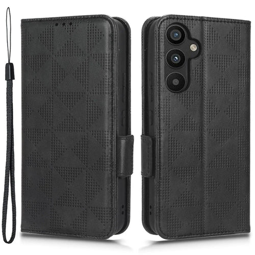For Samsung Galaxy A34 5G Imprinted Triangle Pattern Phone Cover PU Leather Wallet Stand Cell Phone Case with Wrist Strap - Black - 1