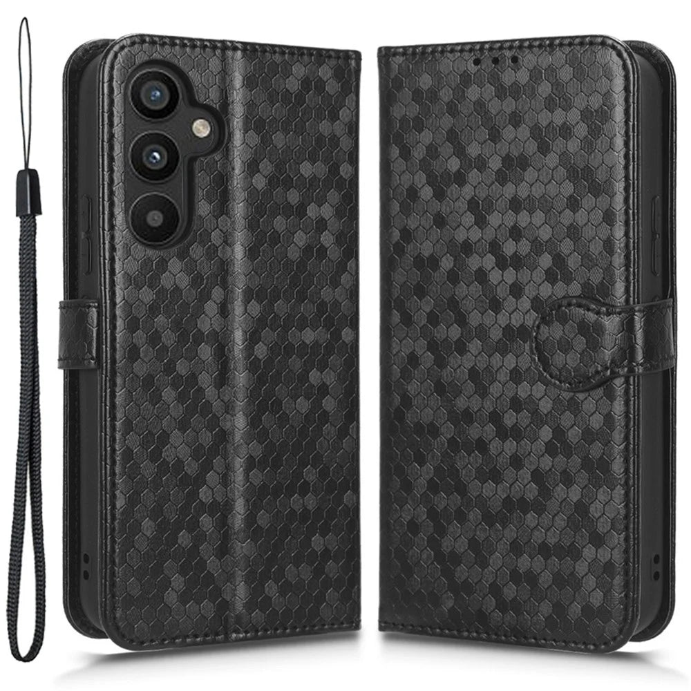 For Samsung Galaxy A34 5G Dot Pattern Imprinted Phone Cover PU Leather Shockproof Wallet Stand Cover with Strap - Black - 1