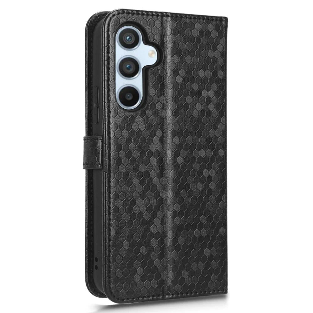 For Samsung Galaxy A54 5G Shockproof Wallet Stand Dot Pattern Imprinted Phone Cover PU Leather Case with Strap - Black - 6