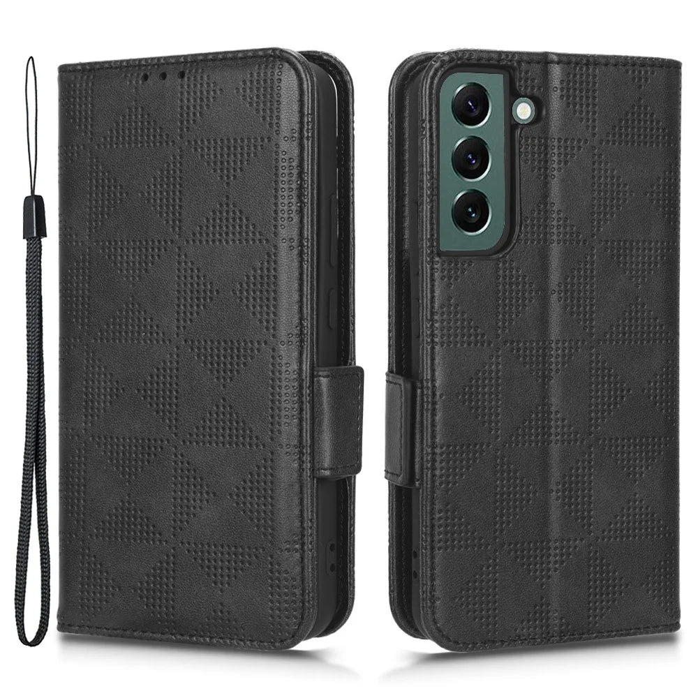 For Samsung Galaxy S23 Imprinted Triangle Pattern Phone Cover PU Leather Wallet Stand Cell Phone Case with Wrist Strap - Black - 1