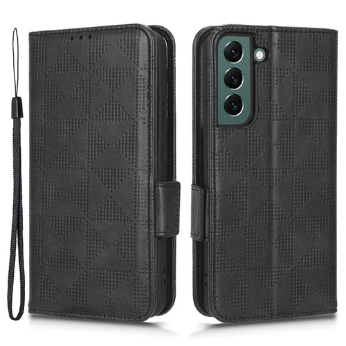 For Samsung Galaxy S23 Imprinted Triangle Pattern Phone Cover PU Leather Wallet Stand Cell Phone Case with Wrist Strap - Black - 1