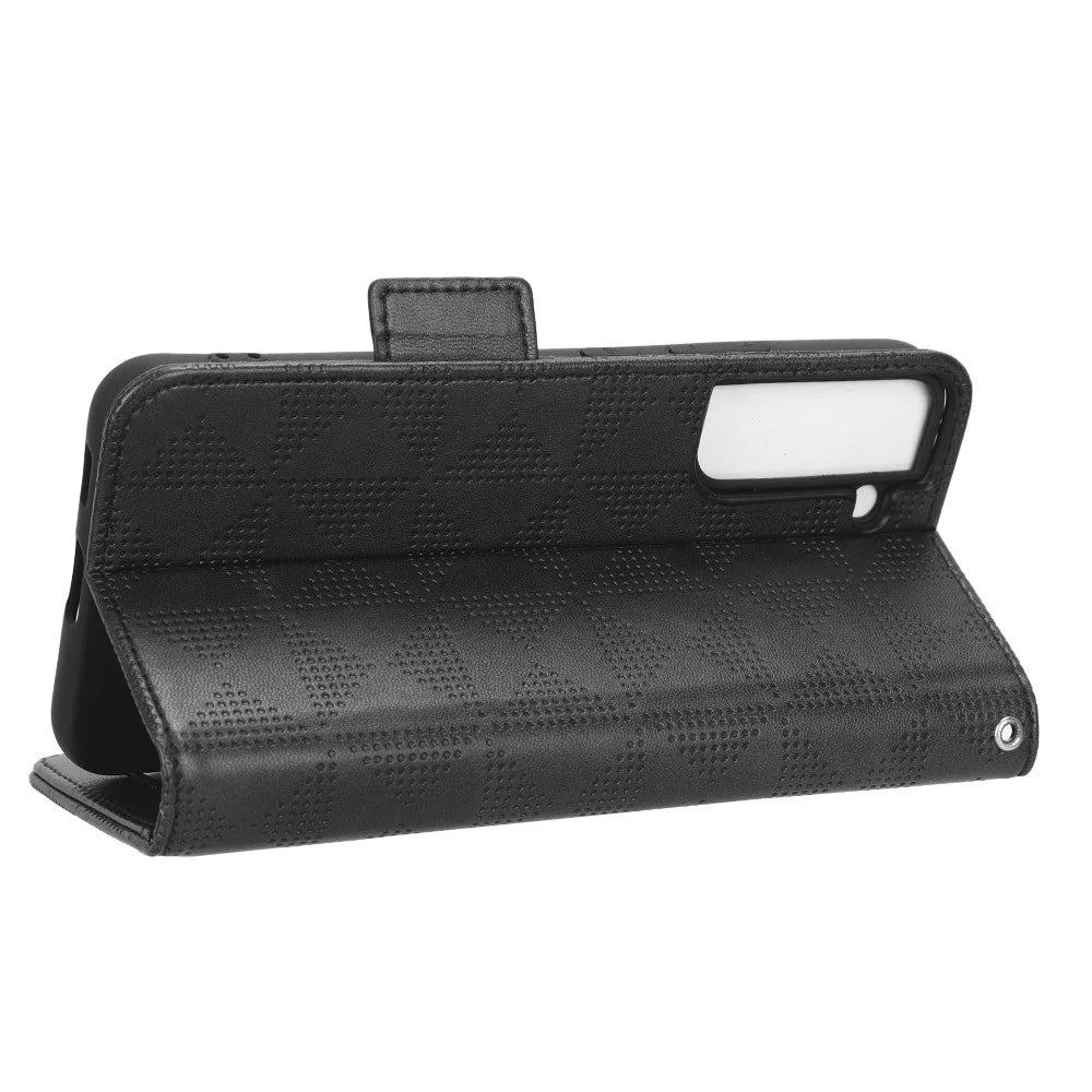 For Samsung Galaxy S23 Imprinted Triangle Pattern Phone Cover PU Leather Wallet Stand Cell Phone Case with Wrist Strap - Black - 3