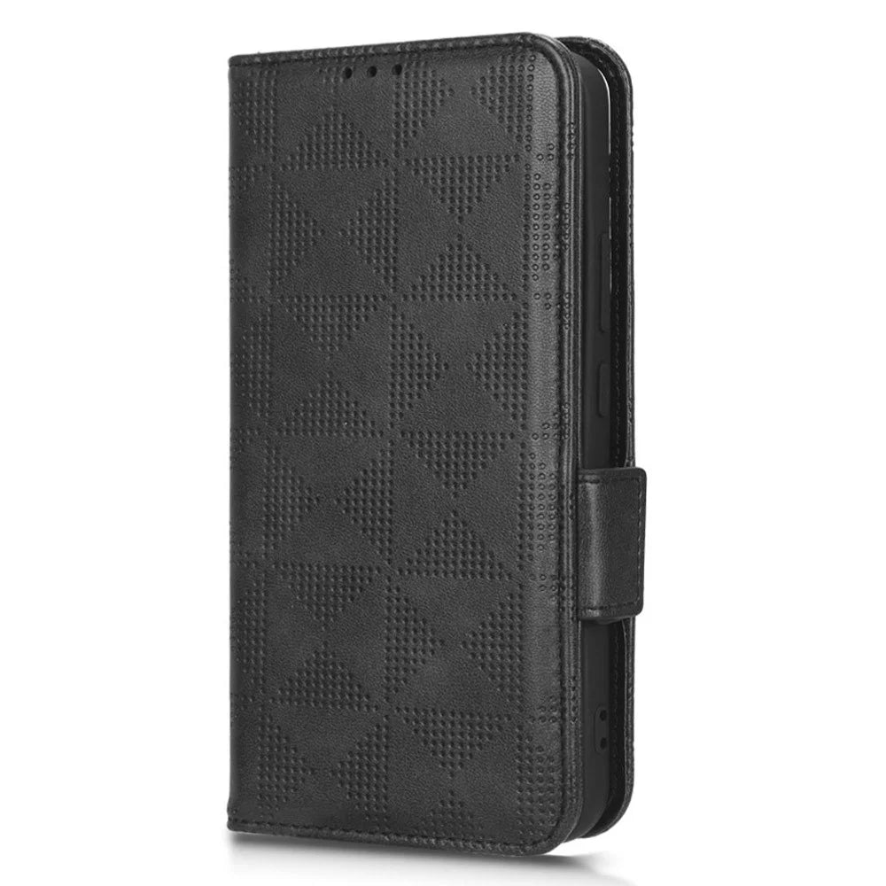 For Samsung Galaxy S23 Imprinted Triangle Pattern Phone Cover PU Leather Wallet Stand Cell Phone Case with Wrist Strap - Black - 6
