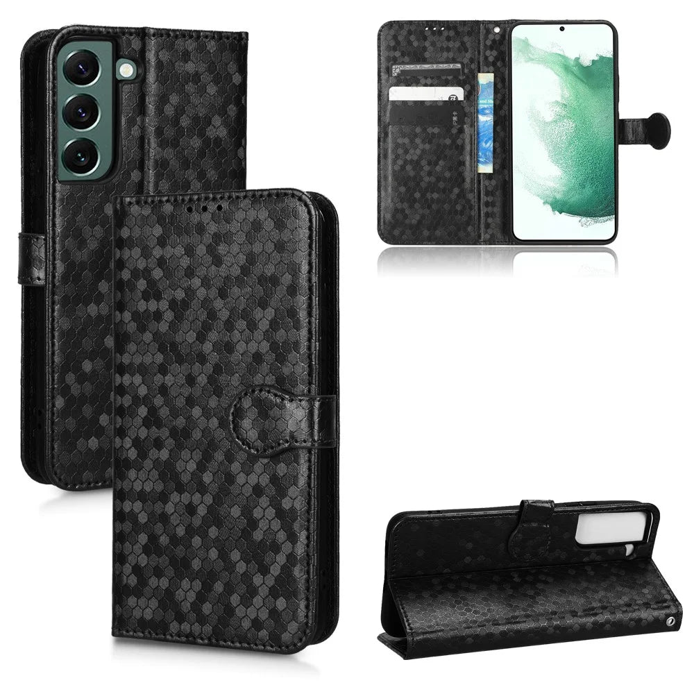 Wrist Strap Phone Shell for Samsung Galaxy S23, Dot Pattern Imprinted Phone Cover PU Leather Shockproof Wallet Stand Case - Black - 7