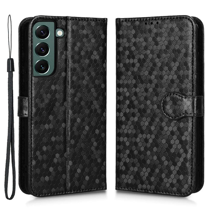 For Samsung Galaxy S23+ Mobile Phone Cover Dot Pattern Imprinted PU Leather Anti-Scratch Wallet Stand Case with Strap - Black - 1