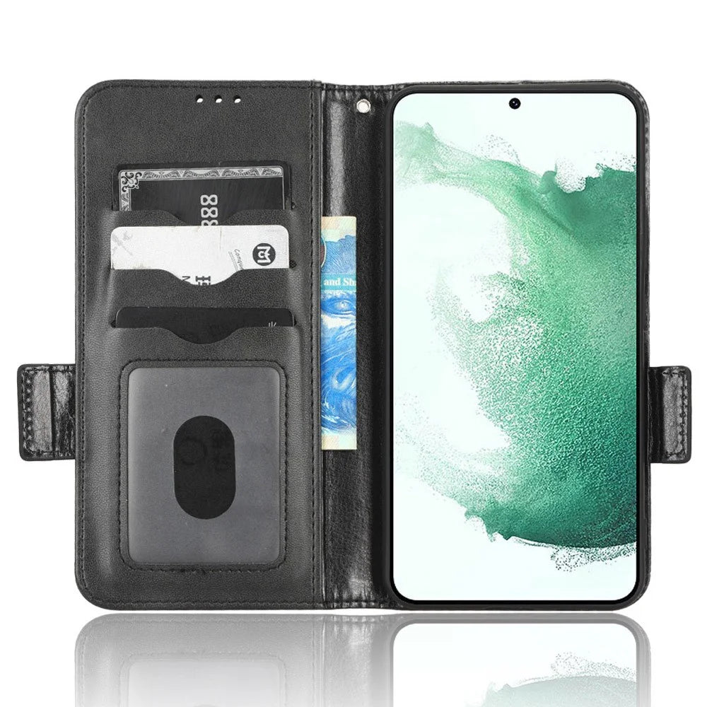 For Samsung Galaxy S23+ Cell Phone Case Imprinted Triangle Pattern Phone Cover PU Leather Wallet with Wrist Strap - Black - 2