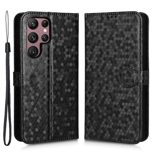 Imprinted Dot Pattern Phone Shell for Samsung Galaxy S23 Ultra, Wallet Stand PU Leather Shockproof Cover with Strap - Black - 1