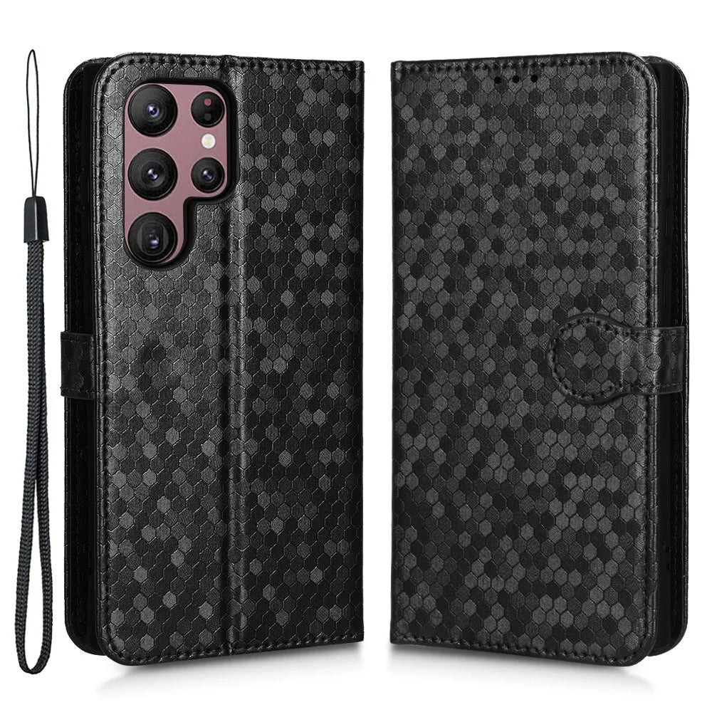 Imprinted Dot Pattern Phone Shell for Samsung Galaxy S23 Ultra, Wallet Stand PU Leather Shockproof Cover with Strap - Black - 1