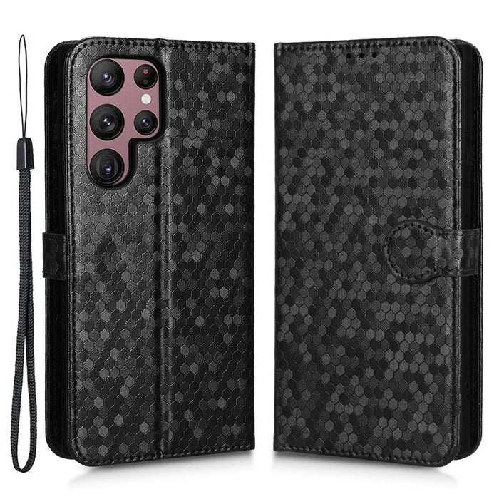 Imprinted Dot Pattern Phone Shell for Samsung Galaxy S23 Ultra, Wallet Stand PU Leather Shockproof Cover with Strap - Black - 1