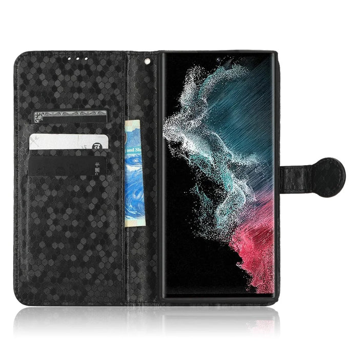 Imprinted Dot Pattern Phone Shell for Samsung Galaxy S23 Ultra, Wallet Stand PU Leather Shockproof Cover with Strap - Black - 2