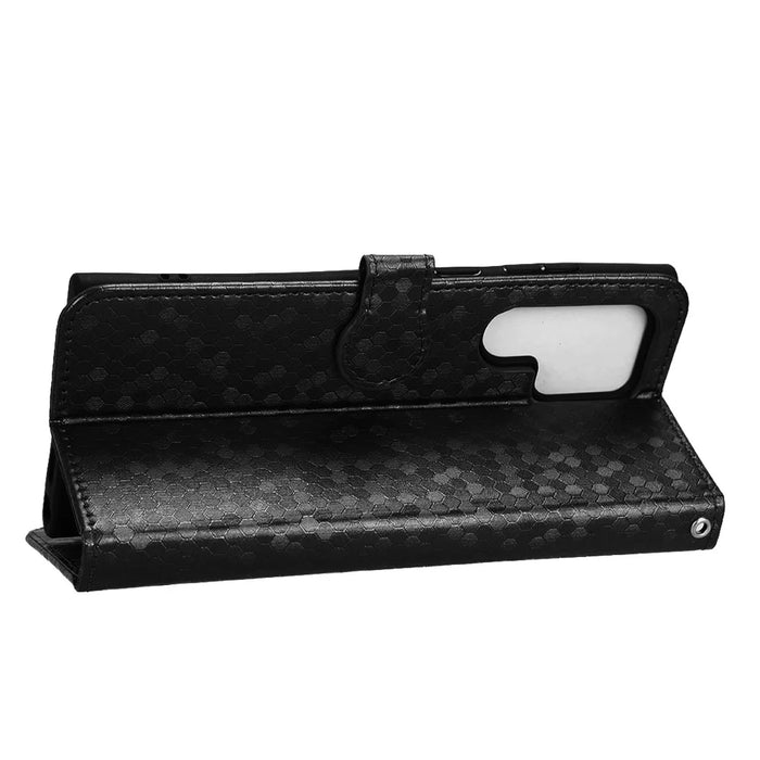 Imprinted Dot Pattern Phone Shell for Samsung Galaxy S23 Ultra, Wallet Stand PU Leather Shockproof Cover with Strap - Black - 3