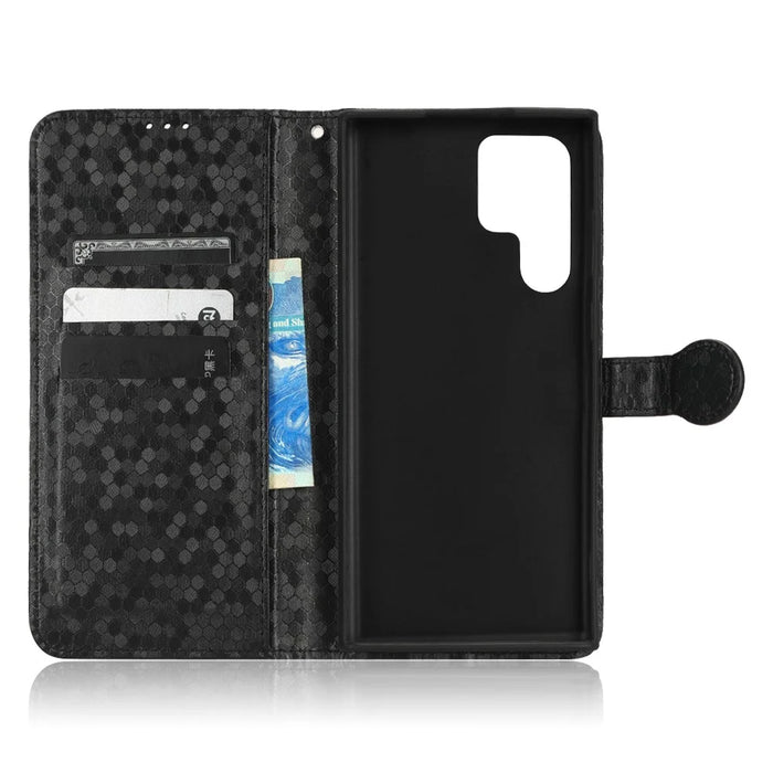 Imprinted Dot Pattern Phone Shell for Samsung Galaxy S23 Ultra, Wallet Stand PU Leather Shockproof Cover with Strap - Black - 4
