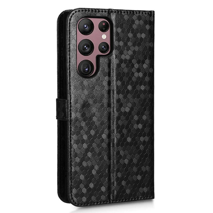 Imprinted Dot Pattern Phone Shell for Samsung Galaxy S23 Ultra, Wallet Stand PU Leather Shockproof Cover with Strap - Black - 5