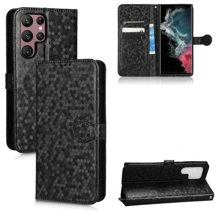 Imprinted Dot Pattern Phone Shell for Samsung Galaxy S23 Ultra, Wallet Stand PU Leather Shockproof Cover with Strap - Black - 7