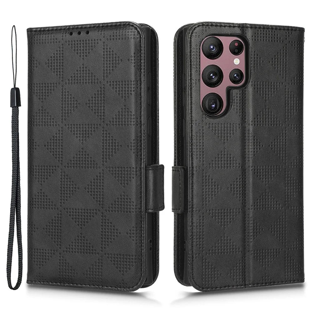 For Samsung Galaxy S23 Ultra Anti-Fingerprint Imprinted Triangle Pattern Phone Cover PU Leather Wallet Stand Mobile Phone Case with Wrist Strap - Black - 1