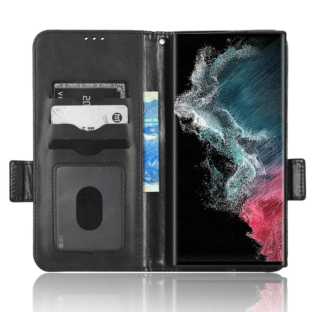 For Samsung Galaxy S23 Ultra Anti-Fingerprint Imprinted Triangle Pattern Phone Cover PU Leather Wallet Stand Mobile Phone Case with Wrist Strap - Black - 2