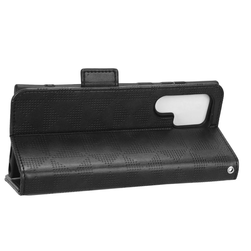 For Samsung Galaxy S23 Ultra Anti-Fingerprint Imprinted Triangle Pattern Phone Cover PU Leather Wallet Stand Mobile Phone Case with Wrist Strap - Black - 3