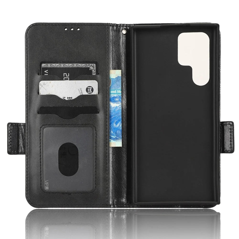 For Samsung Galaxy S23 Ultra Anti-Fingerprint Imprinted Triangle Pattern Phone Cover PU Leather Wallet Stand Mobile Phone Case with Wrist Strap - Black - 4
