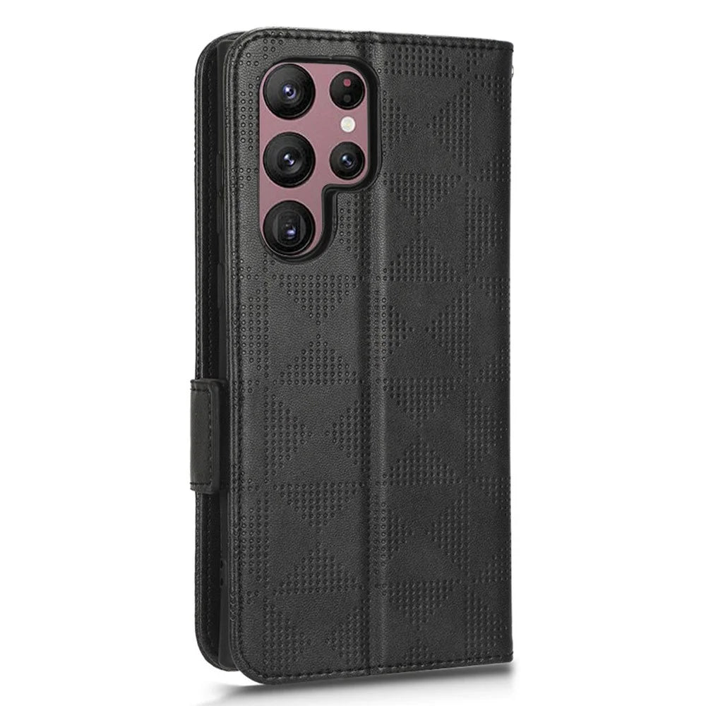 For Samsung Galaxy S23 Ultra Anti-Fingerprint Imprinted Triangle Pattern Phone Cover PU Leather Wallet Stand Mobile Phone Case with Wrist Strap - Black - 5