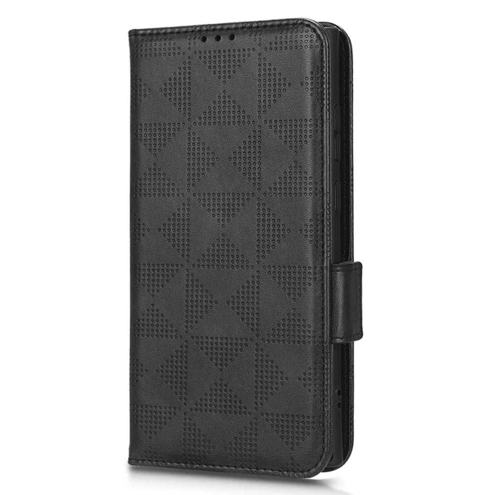 For Samsung Galaxy S23 Ultra Anti-Fingerprint Imprinted Triangle Pattern Phone Cover PU Leather Wallet Stand Mobile Phone Case with Wrist Strap - Black - 6