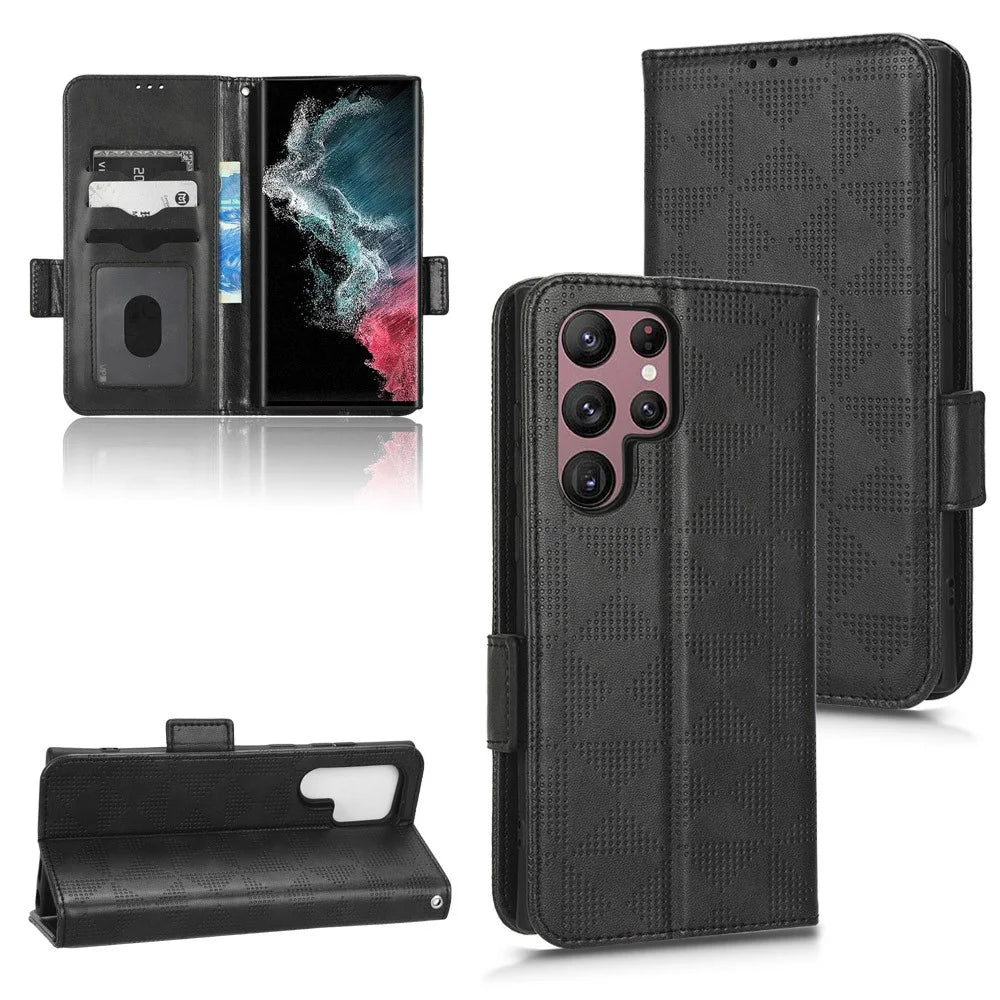 For Samsung Galaxy S23 Ultra Anti-Fingerprint Imprinted Triangle Pattern Phone Cover PU Leather Wallet Stand Mobile Phone Case with Wrist Strap - Black - 7