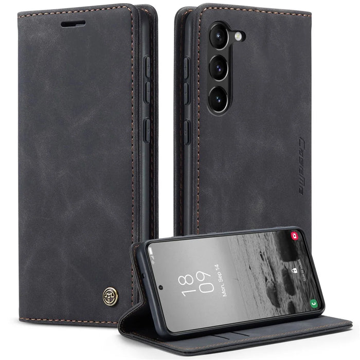 CASEME 013 Series For Samsung Galaxy S23 Stand Function PU Leather Wallet Case Magnetic Auto-absorbed Phone Case - Black - 1