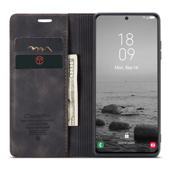 CASEME 013 Series For Samsung Galaxy S23 Stand Function PU Leather Wallet Case Magnetic Auto-absorbed Phone Case - Black - 2