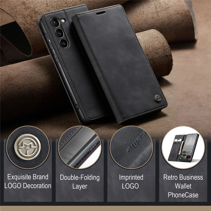 CASEME 013 Series For Samsung Galaxy S23 Stand Function PU Leather Wallet Case Magnetic Auto-absorbed Phone Case - Black - 4