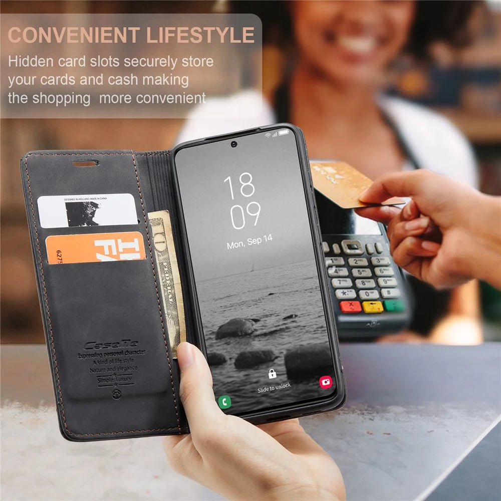 CASEME 013 Series For Samsung Galaxy S23 Stand Function PU Leather Wallet Case Magnetic Auto-absorbed Phone Case - Black - 7