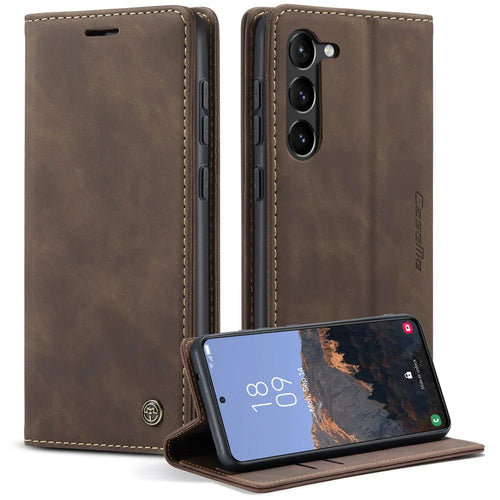 CASEME 013 Series For Samsung Galaxy S23+ Stand Function PU Leather Wallet Case Full Protection Magnetic Auto-absorbed Phone Case - Coffee - 1
