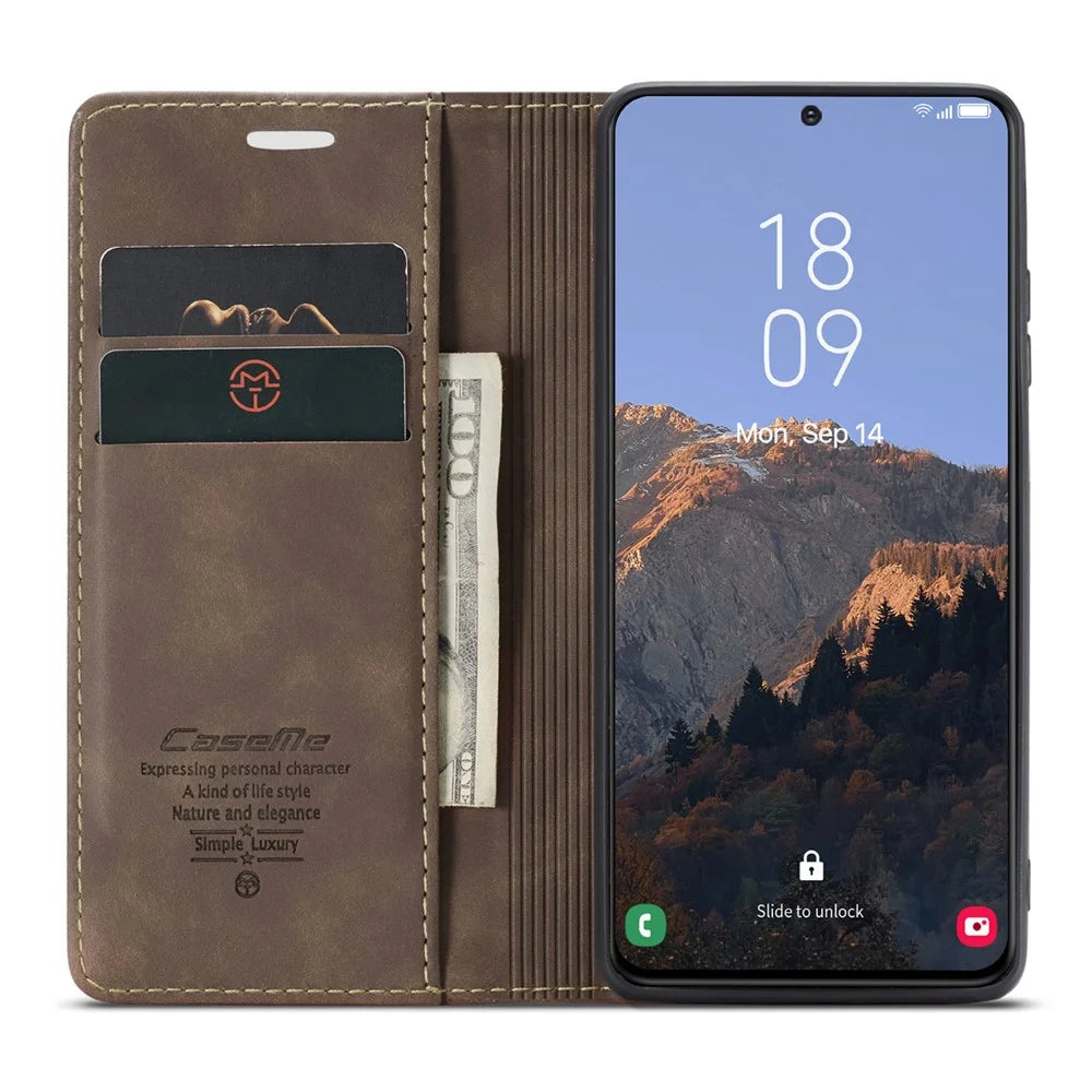 CASEME 013 Series For Samsung Galaxy S23+ Stand Function PU Leather Wallet Case Full Protection Magnetic Auto-absorbed Phone Case - Coffee - 2