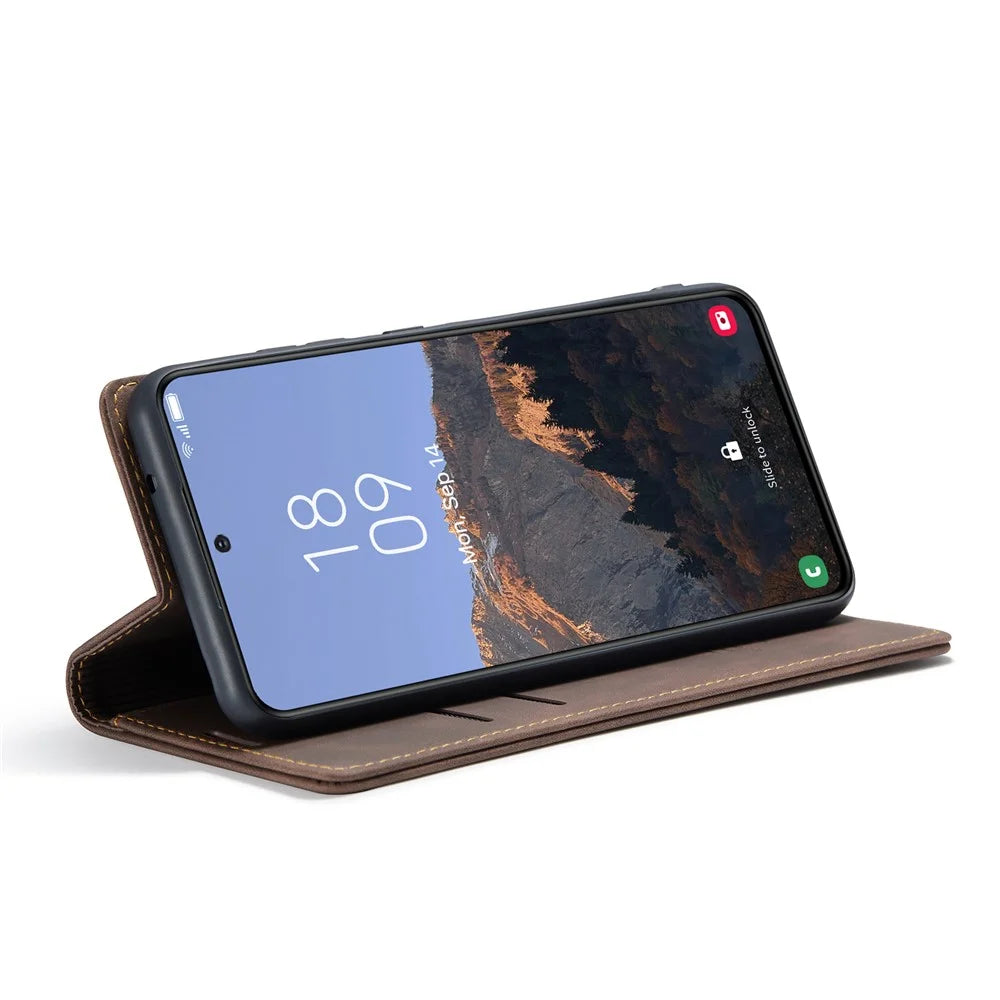 CASEME 013 Series For Samsung Galaxy S23+ Stand Function PU Leather Wallet Case Full Protection Magnetic Auto-absorbed Phone Case - Coffee - 3