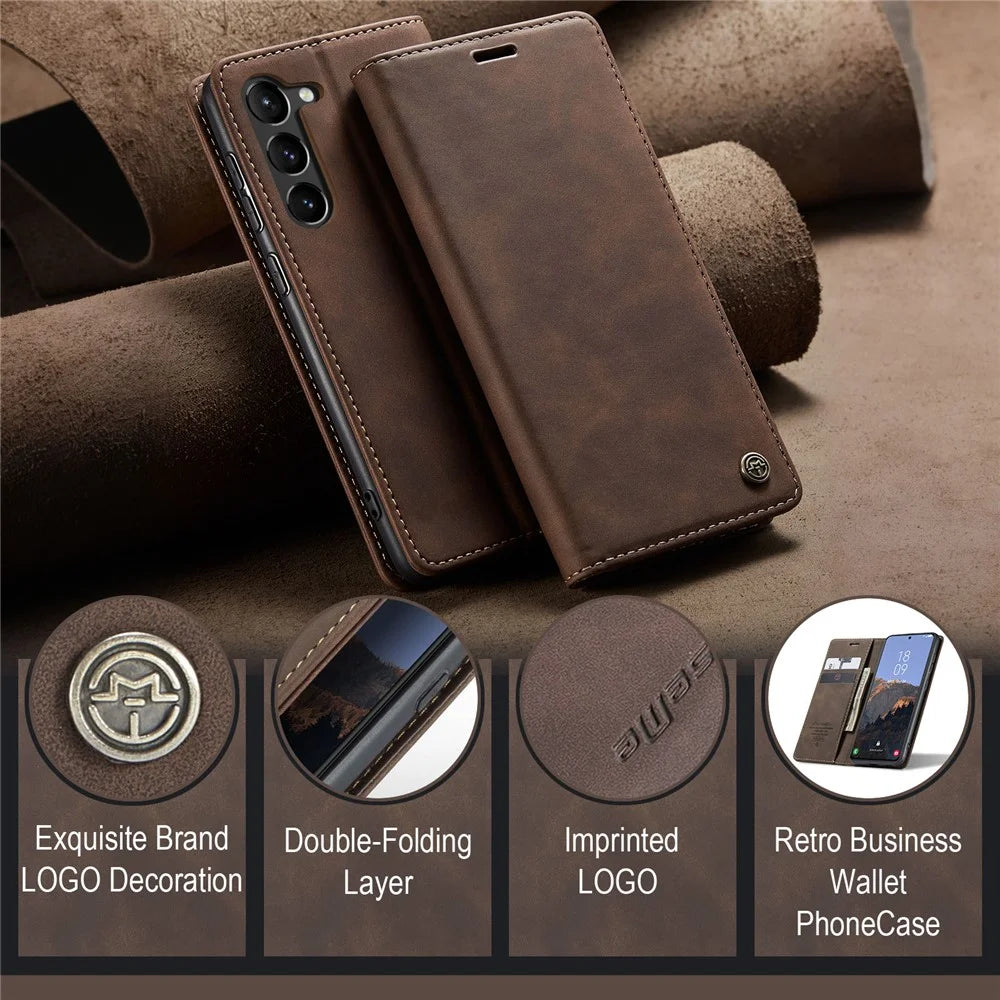 CASEME 013 Series For Samsung Galaxy S23+ Stand Function PU Leather Wallet Case Full Protection Magnetic Auto-absorbed Phone Case - Coffee - 4