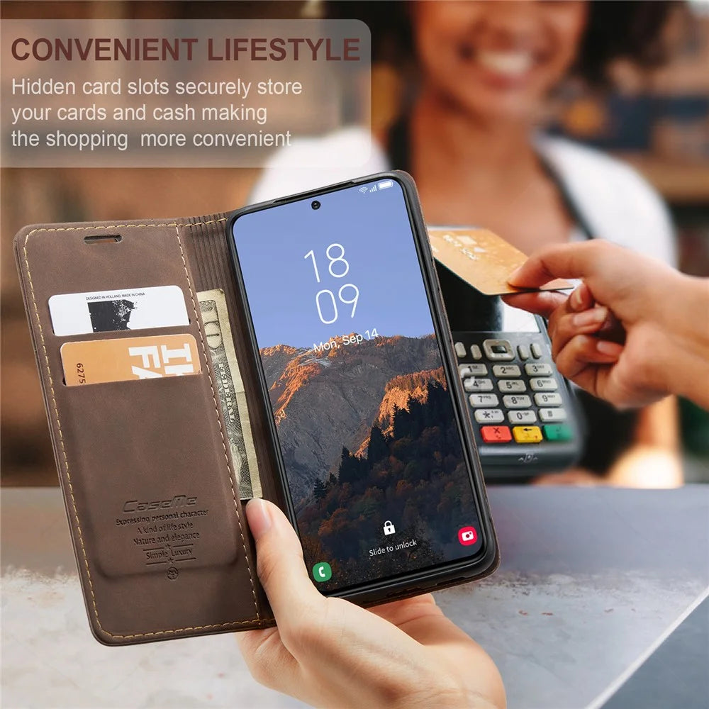 CASEME 013 Series For Samsung Galaxy S23+ Stand Function PU Leather Wallet Case Full Protection Magnetic Auto-absorbed Phone Case - Coffee - 7