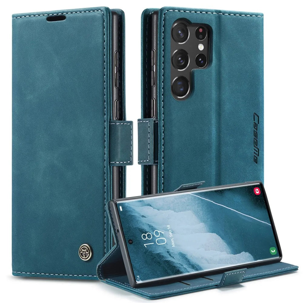CASEME 013 Series For Samsung Galaxy S23 Ultra Stand Function Fully Wrapped PU Leather Wallet Case Magnetic Auto-absorbed Phone Case - Blue - 1