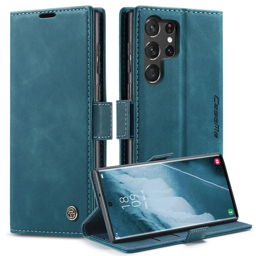 CASEME 013 Series For Samsung Galaxy S23 Ultra Stand Function Fully Wrapped PU Leather Wallet Case Magnetic Auto-absorbed Phone Case - Blue - 1