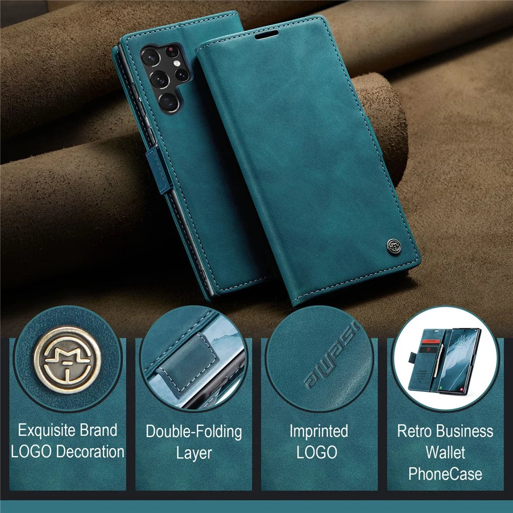 CASEME 013 Series For Samsung Galaxy S23 Ultra Stand Function Fully Wrapped PU Leather Wallet Case Magnetic Auto-absorbed Phone Case - Blue - 4