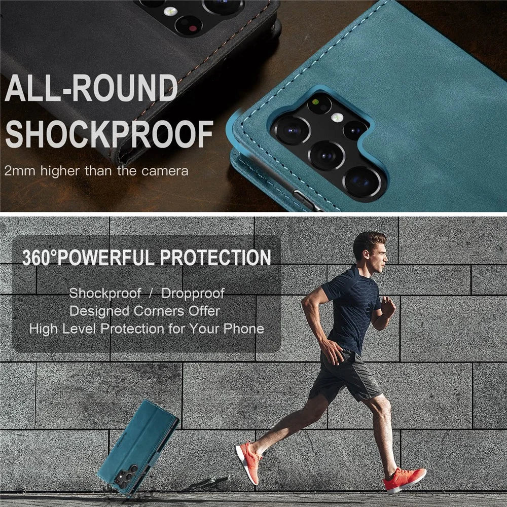 CASEME 013 Series For Samsung Galaxy S23 Ultra Stand Function Fully Wrapped PU Leather Wallet Case Magnetic Auto-absorbed Phone Case - Blue - 6
